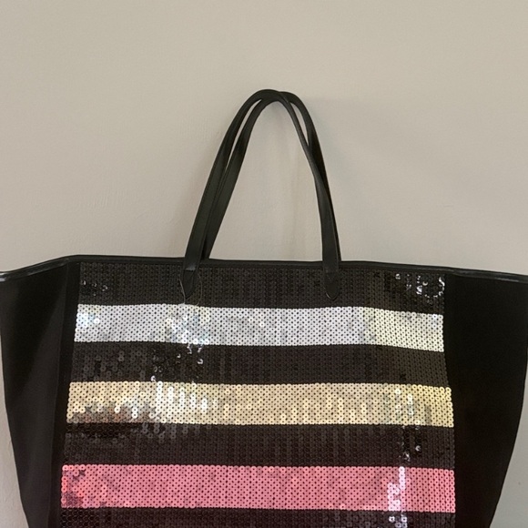 Victoria's Secret Handbags - Victoria's Secret Black Tote with Silver, Cream & Pink Sequin Stripes